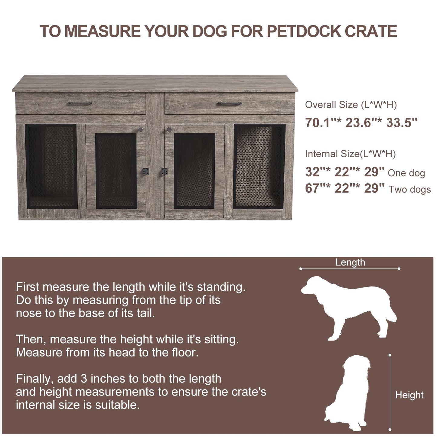 70.9 Inch Double Dog Crate Furniture with Drawers, Wooden Large Dog Kennel TV Stand with Divider and Double Doors, 70.9"* 23.6"* 33.5"H, (Wash Grey)