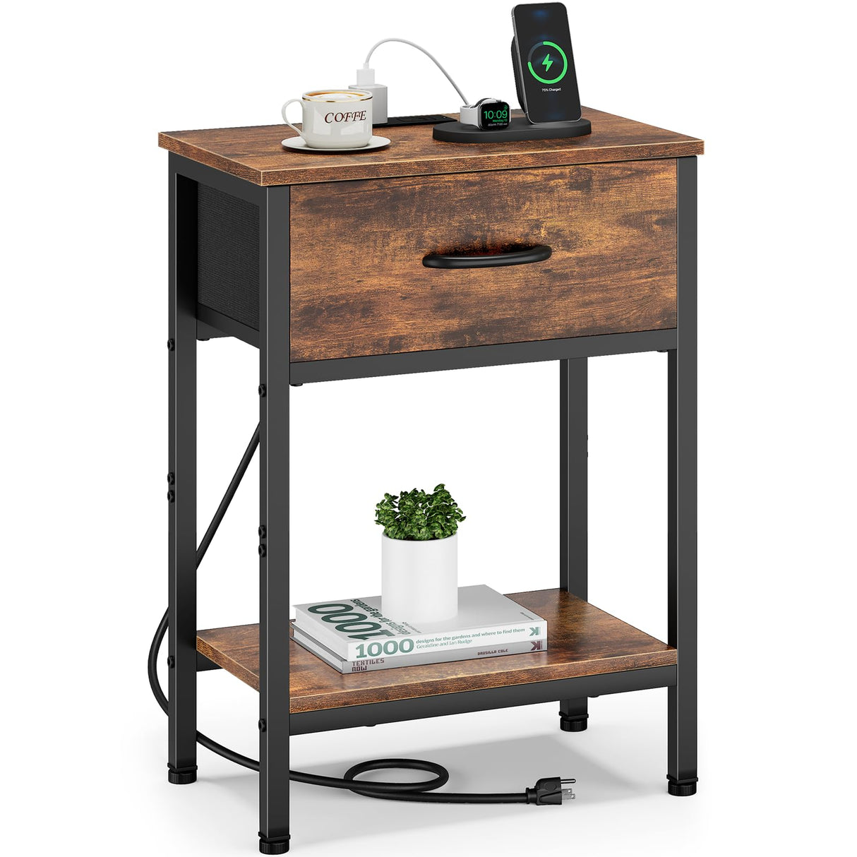Vagusicc Nightstand with Charging Station, End Table with Fabric Drawer, Small Side Table with 2-Tier Storage Shelves, 25.4" Tall Bedside Table, Night Stand for Bedroom Living Room Dorm, Rustic Brown Vagusicc