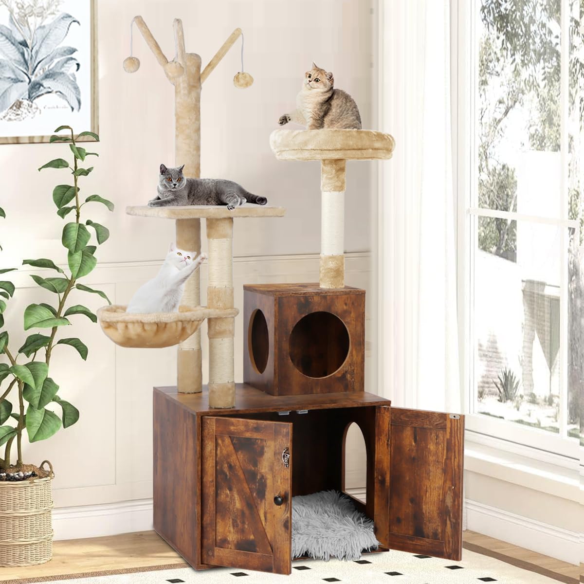 Timberer Cat Tree Tower with Litter Box Enclosure, 2-in-1 Wooden Cat Condo with Sisal Scratching Post, Hammock, Brown Timberer