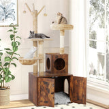 Timberer Cat Tree Tower with Litter Box Enclosure, 2-in-1 Wooden Cat Condo with Sisal Scratching Post, Hammock, Brown Timberer