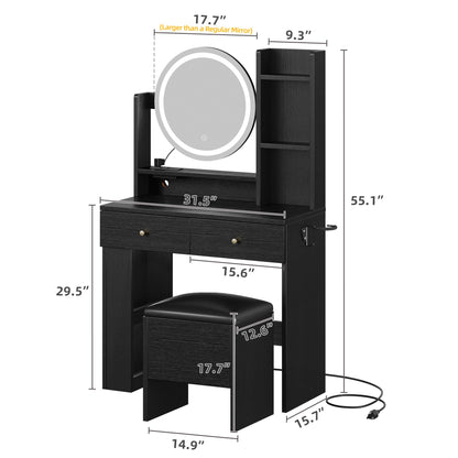 DWVO Makeup Vanity Desk with LED Lighted Mirror, Black Vanity Set with Charger Station, Small Spaces Vanity Table for Bedroom, Adjustable 3 Lighting Modes, Makeup Table with Chair for Girl, 3 - WoodArtSupply