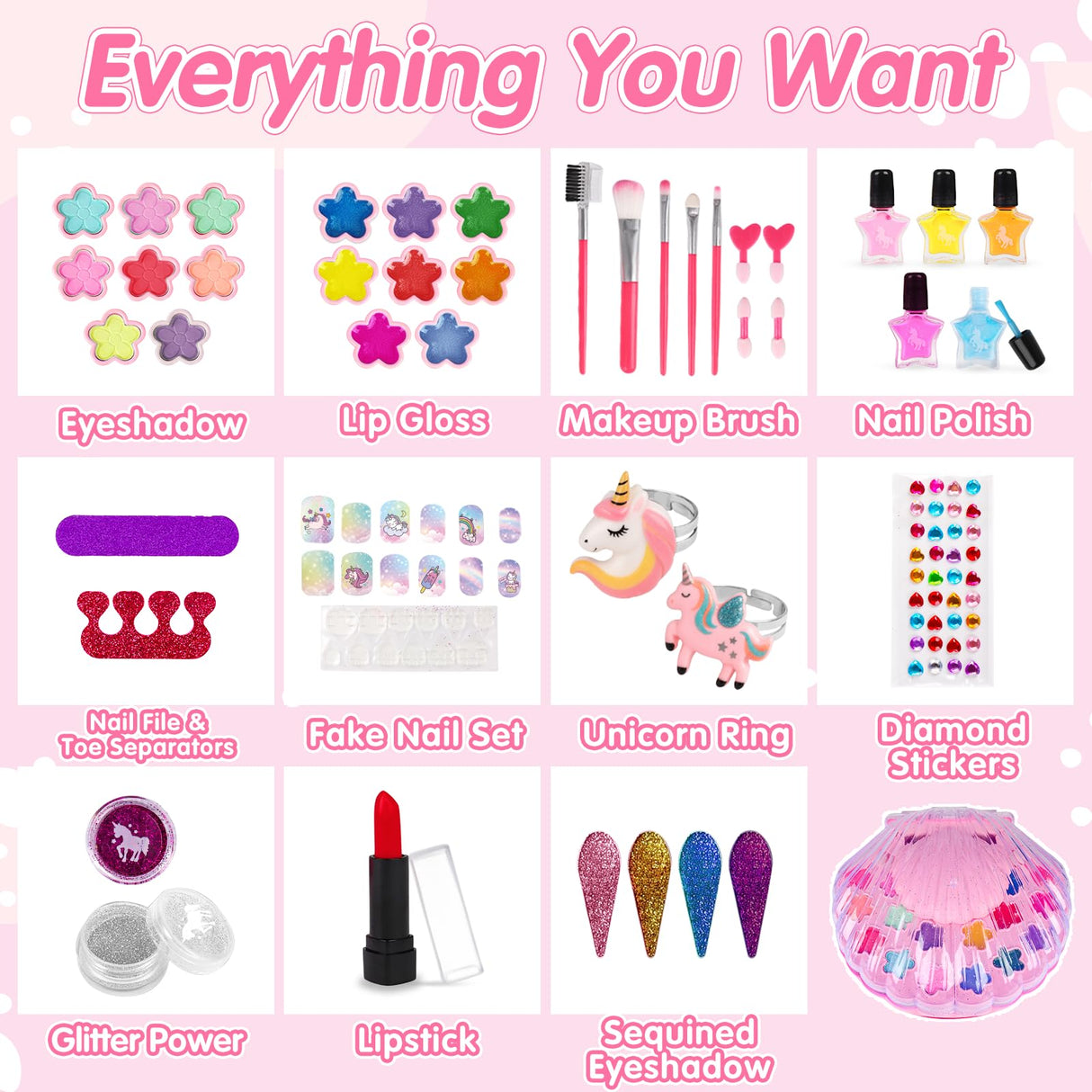 Kids Nail Polish Set for Girls, All-in-One Nail Art Make Up Kit -Dryer/ Glitter Powder/ False Nails/ Toe Separator/ File/ Lipsticks/ Eyeshadow,Washable Makeup Toys Age 3-12 Little Girl Birthday Gift AugToy