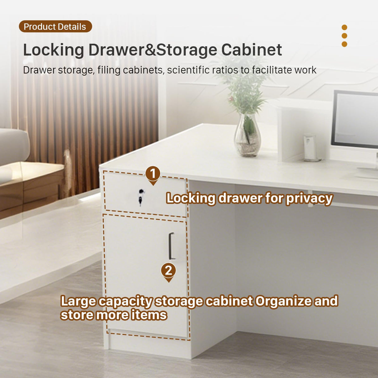 STLWR Modern Reception Desk with Locking Drawers, of Multi-Layer Solid Wood, Three-Color LED Light Strip & File Cabinet, Office Display Counters Retail Reception Desk (All White-Left, 63") Generic