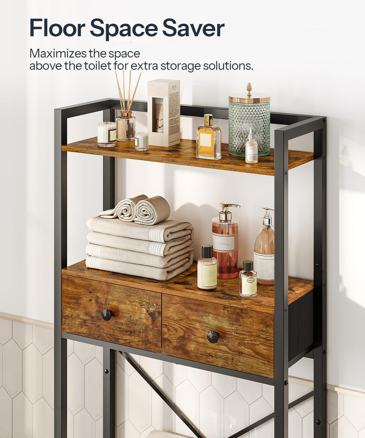 HOOBRO Over The Toilet Storage Rack with 2 Drawers, 3-Tier Bathroom Organizer Shelf Over Toilet, Freestanding Toilet Shelf, Storage Cabinet, Rustic Brown and Black BF47TS01 HOOBRO