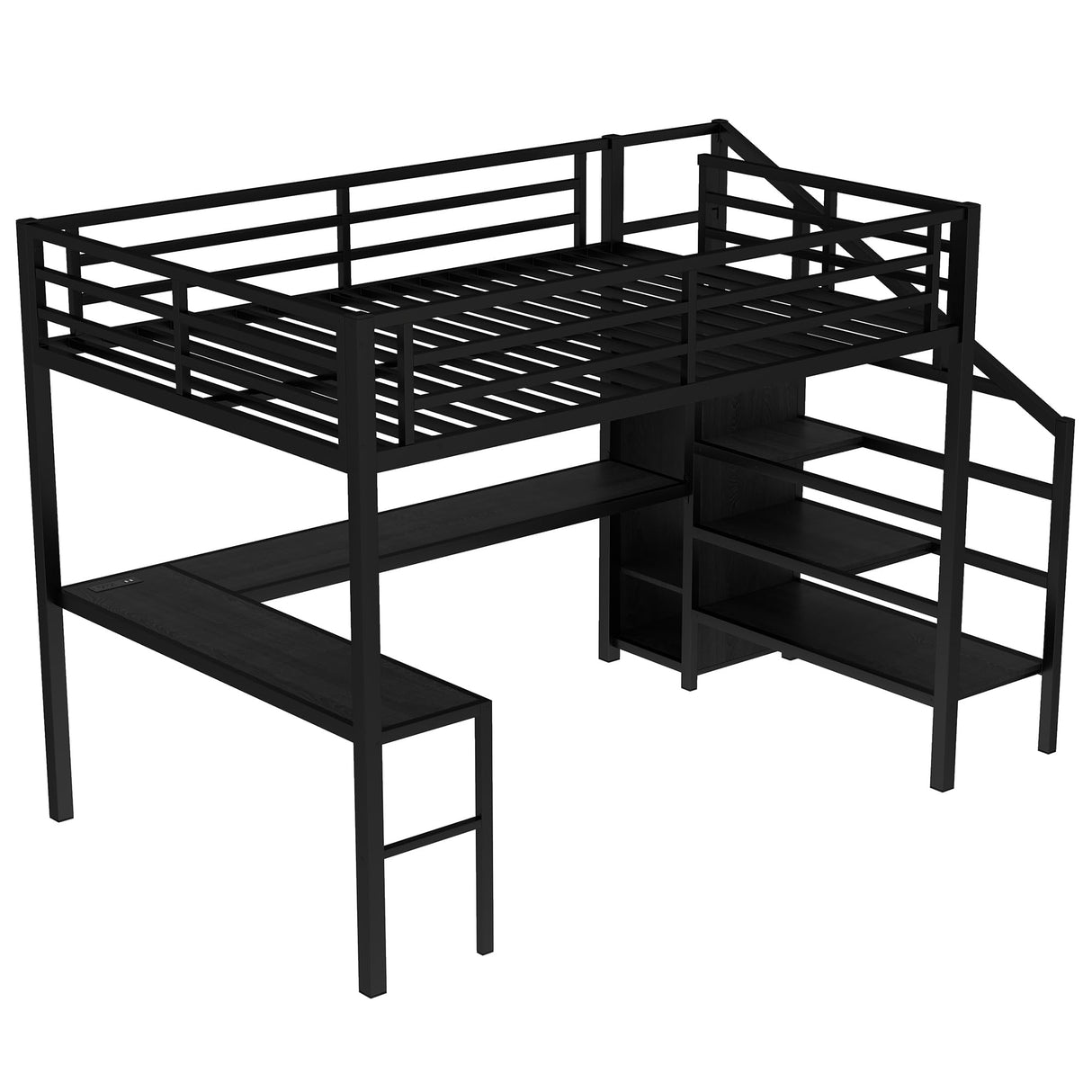 KEIKI Metal Queen Loft Bed with L-Shaped Desk, USB Charging Port, Wardrobe, Adjustable Shelf, and LED Lights, High Loft Bed with Stairs for Teens and Adults, Black KEIKI