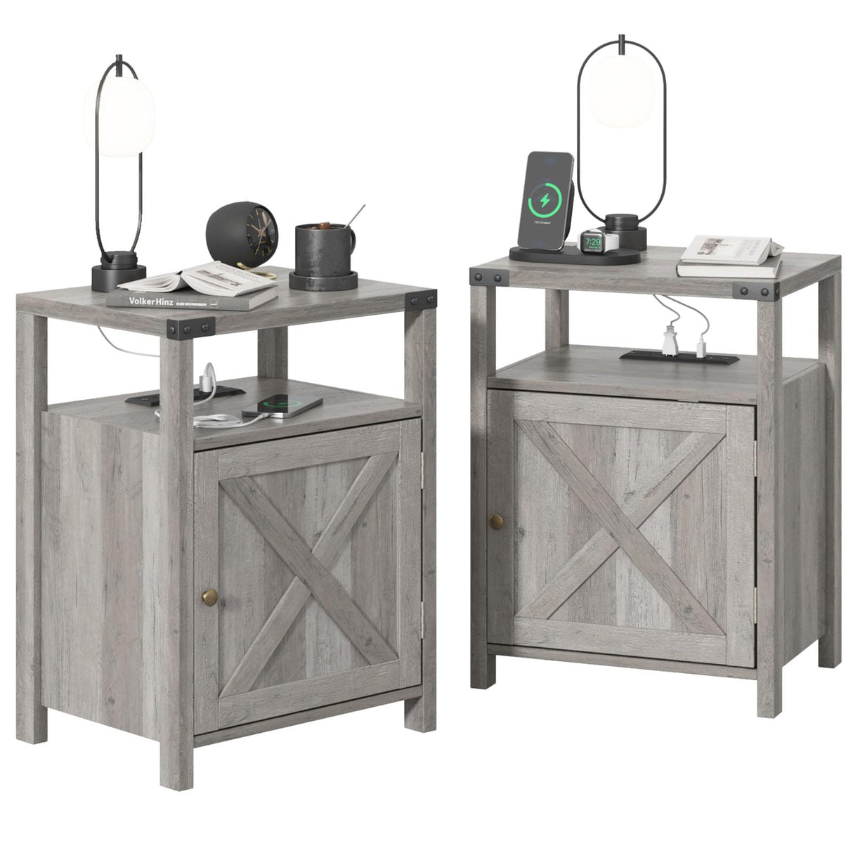 Fameill Nightstands Set of 2, Night Stand with Charging Station, Bed Side Table with Storage Cabinet, Farmhouse End Table for Living Room with USB Ports and Outlets, Gray Fameill
