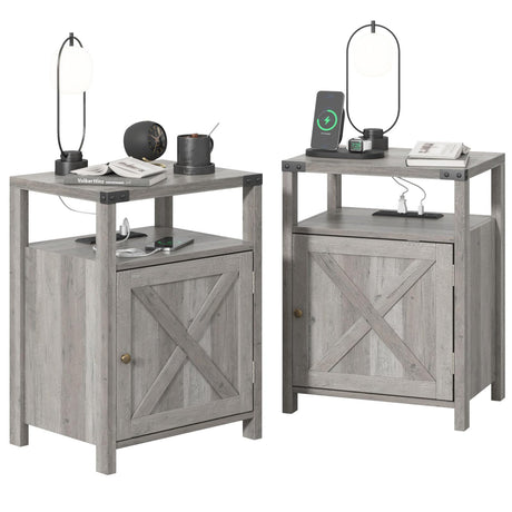 Fameill Nightstands Set of 2, Night Stand with Charging Station, Bed Side Table with Storage Cabinet, Farmhouse End Table for Living Room with USB Ports and Outlets, Gray Fameill