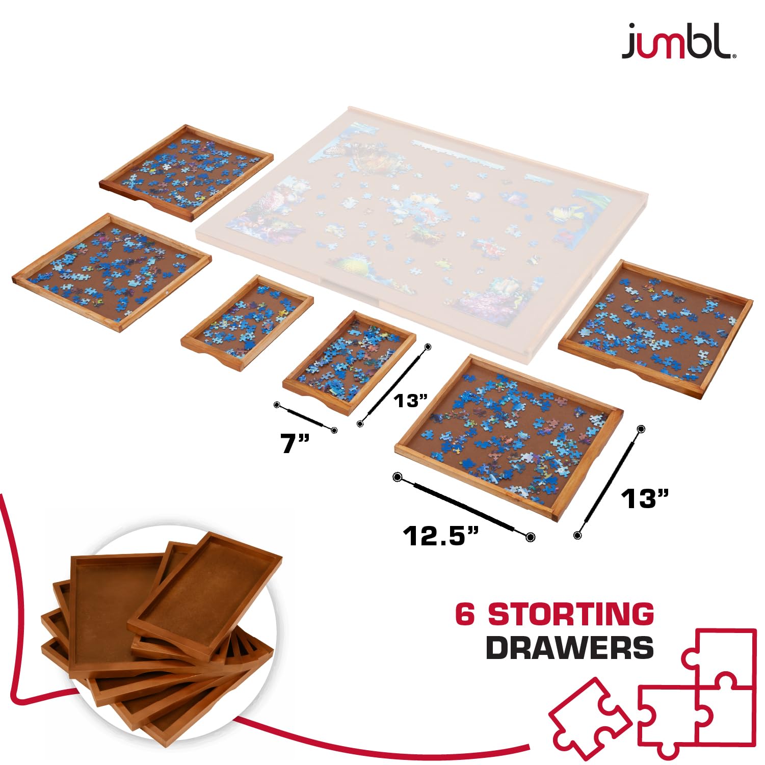 Jumbl 1500-Piece Puzzle Board | 27” x 35” Jigsaw Puzzle Table | 6 Removable Magnetic Sorting Drawers | Smooth Plateau Fiberboard Work Surface & Hardwood Construction | for Games & Puzzles - WoodArtSupply