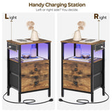 YATINEY Nightstands with Charging Station, Night Stand Set of 2 with LED Lights, Side Table with 2 Non-Woven Drawers, End Table Bedroom, Bedside Tables for Bedroom, Rustic Brown and Black ET12L2BR YATINEY