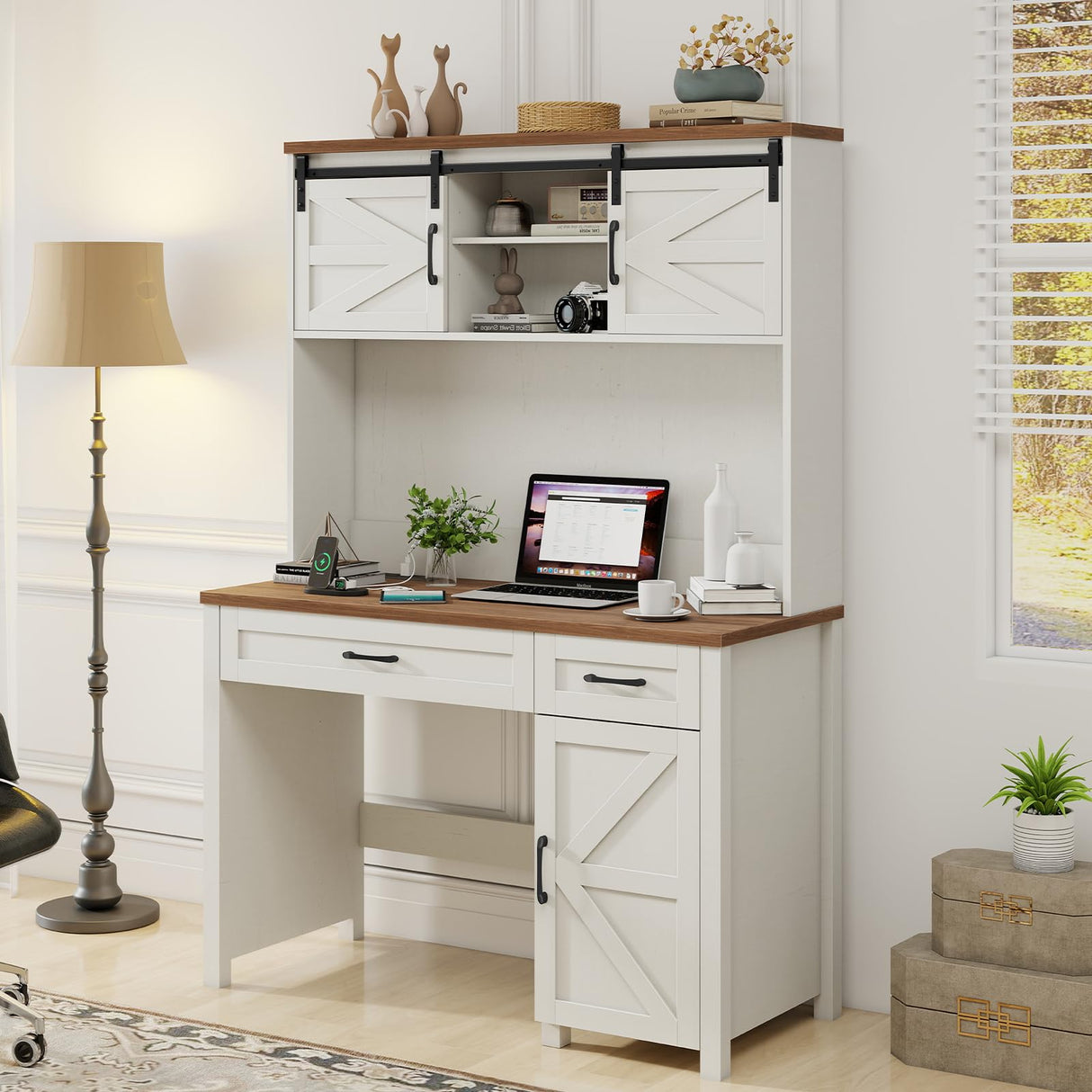 Farmhouse 47" Executive Desk, Computer Desk with 2 Drawers and Storage Cabinet, Home Office Desk with Hutch and Charging Station, Workspace for Work and Study.Brown Vabches