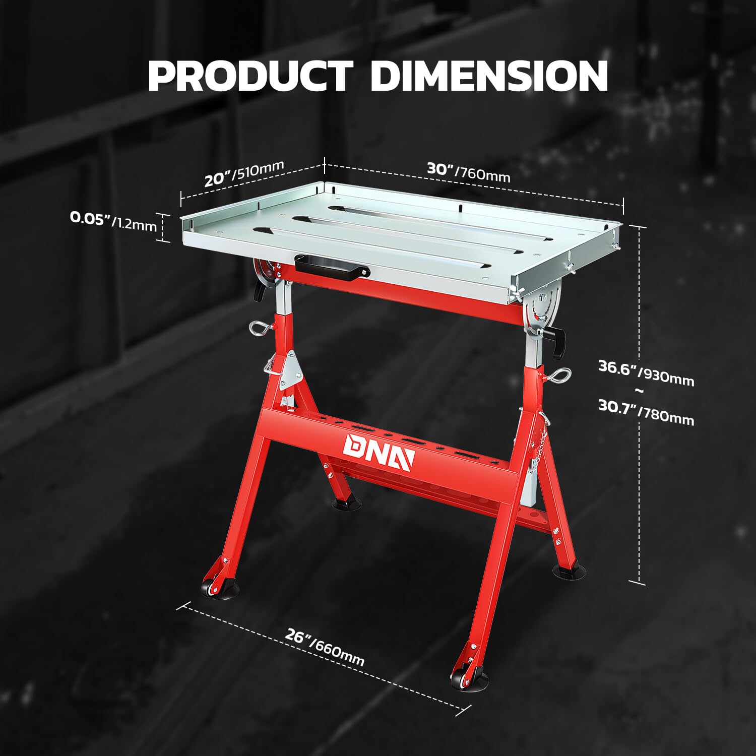 DNA MOTORING Carbon Steel Welding Table 30'' x 20'' 400lbs Loding Capacity, Adjustable Angle & Height, Portable Work Bench with 2 Fixed Wheels, TOOLS-00461 - WoodArtSupply