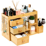 Elsjoy Bamboo Makeup Organizer with 3 Drawers & 12-Grid Lipstick Holder, Desk Bamboo Vanity Jewelry Organizer, Countertop Cosmetic Storage Box Stand with Hooks for Hanging Jewelry Elsjoy