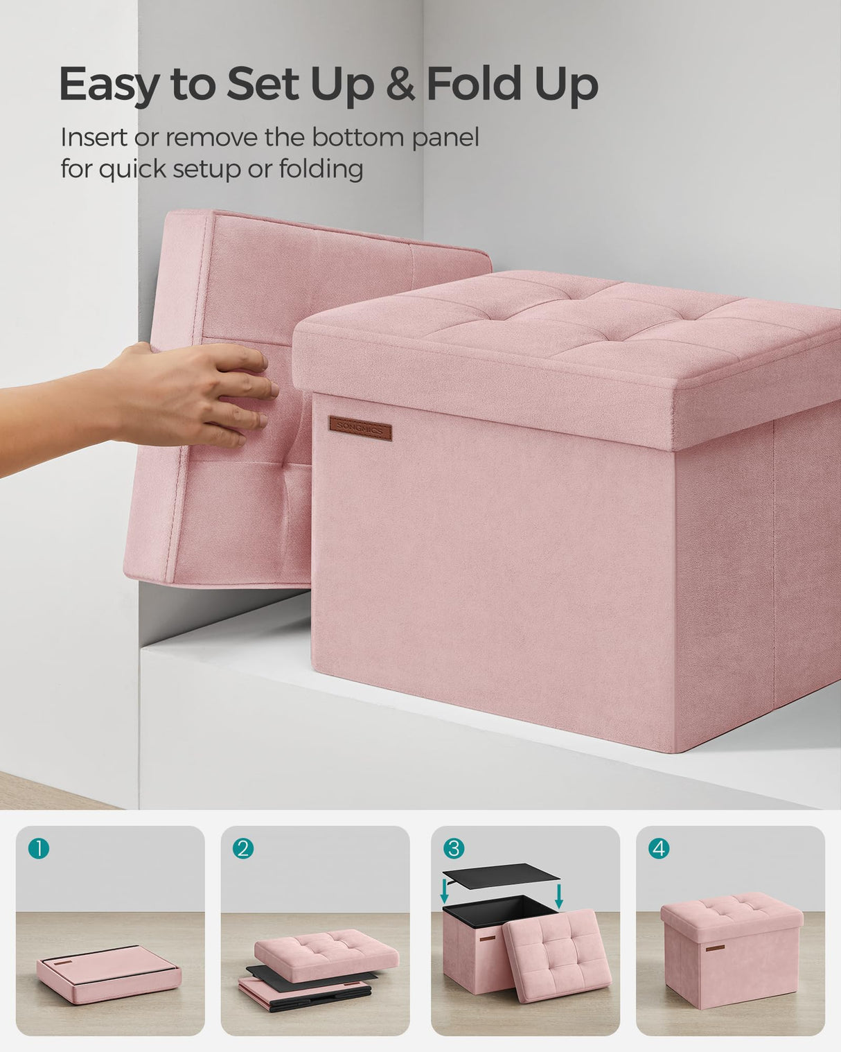 SONGMICS Storage Ottoman, Foldable Small Ottoman Foot Rest, 12.2 x 16.1 Inches Foot Stool, Ottoman with Storage, Load up to 286 lb, for Living Room, Bedroom, Dorm, Jelly Pink ULSF200R01 SONGMICS