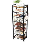 Simple Trending 8 Tiers Shoe Rack 16 Pairs Tall Wooden Plank Shoe Shelf with Hooks for Closet Entryway Organizer Sturdy Free Standing Shoe Storage Cabinet，Black Simple Trending