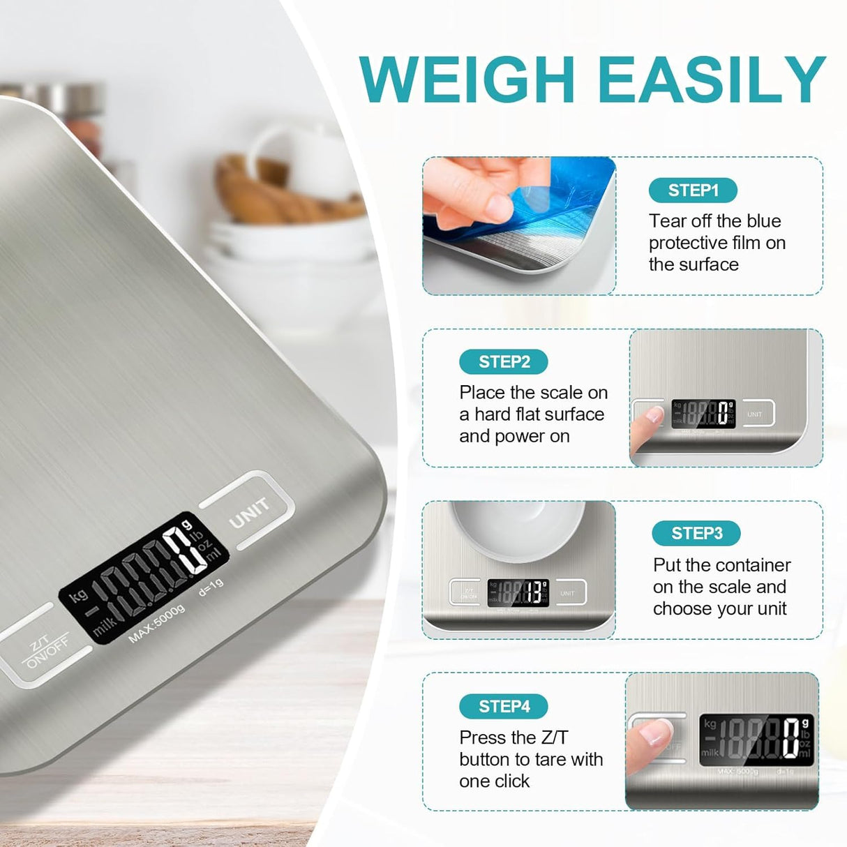 Food Scale, Digital Kitchen Scale Weight Grams and Ounces for Baking Cooking and Meal Prep, 6 Units with Tare Function, 11lb (Batteries Included) Generic
