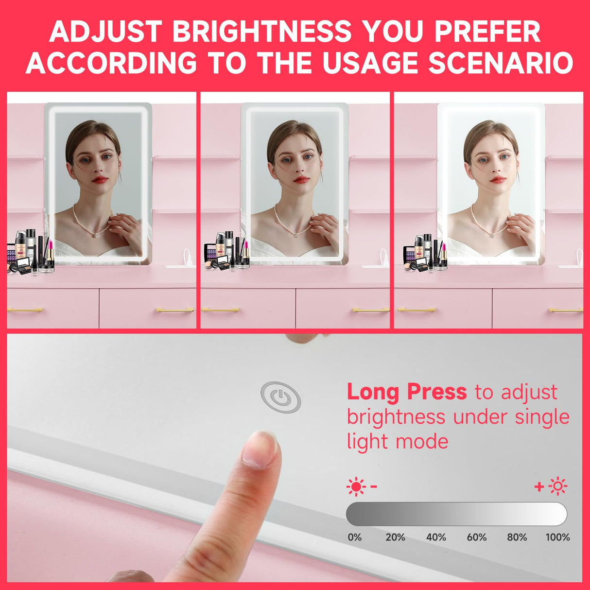 QUALIKRAFT Vanity Set with Mirror and Stool and Lights, Vanity Desk with Mirror & Power Outlet, Vanity Desk with Drawers, Pink Vanity with Lighted Mirror, Dressing Table Set with 2 Large Drawers QUALIKRAFT