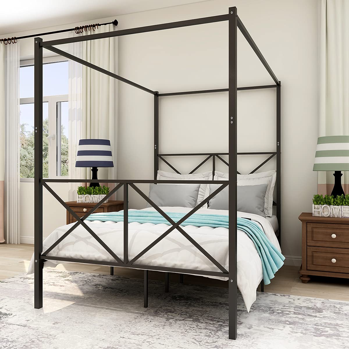 LUMISOL Metal Canopy Bed Frame Full, Four Posters Platform Bed Frame with X-Shaped Headboard and Footboard, No Box Spring Needed, Black LUMISOL