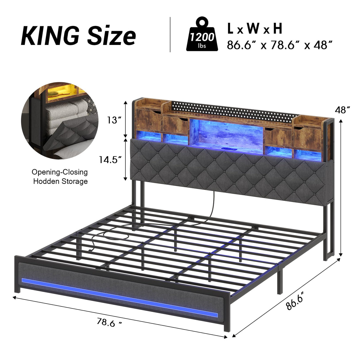Dnxao King Bed Frame with Upholstered Headboard, Bed Frame King Size with Hidden Storage,3-Tier Storage Shelves, LED Lights and Charging Station, King Bed with Noise-Free, No Box Spring Needed, Gray Dnxao