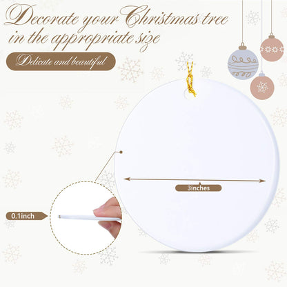 WILLBOND 10 Pieces Christmas Sublimation Ceramic Ornament Blank Ceramic Hanging Disc Ornament Porcelain Round Decoration Personalized Christmas Tree Sublimation Pendant for DIY Holiday Decor, 3 Inch