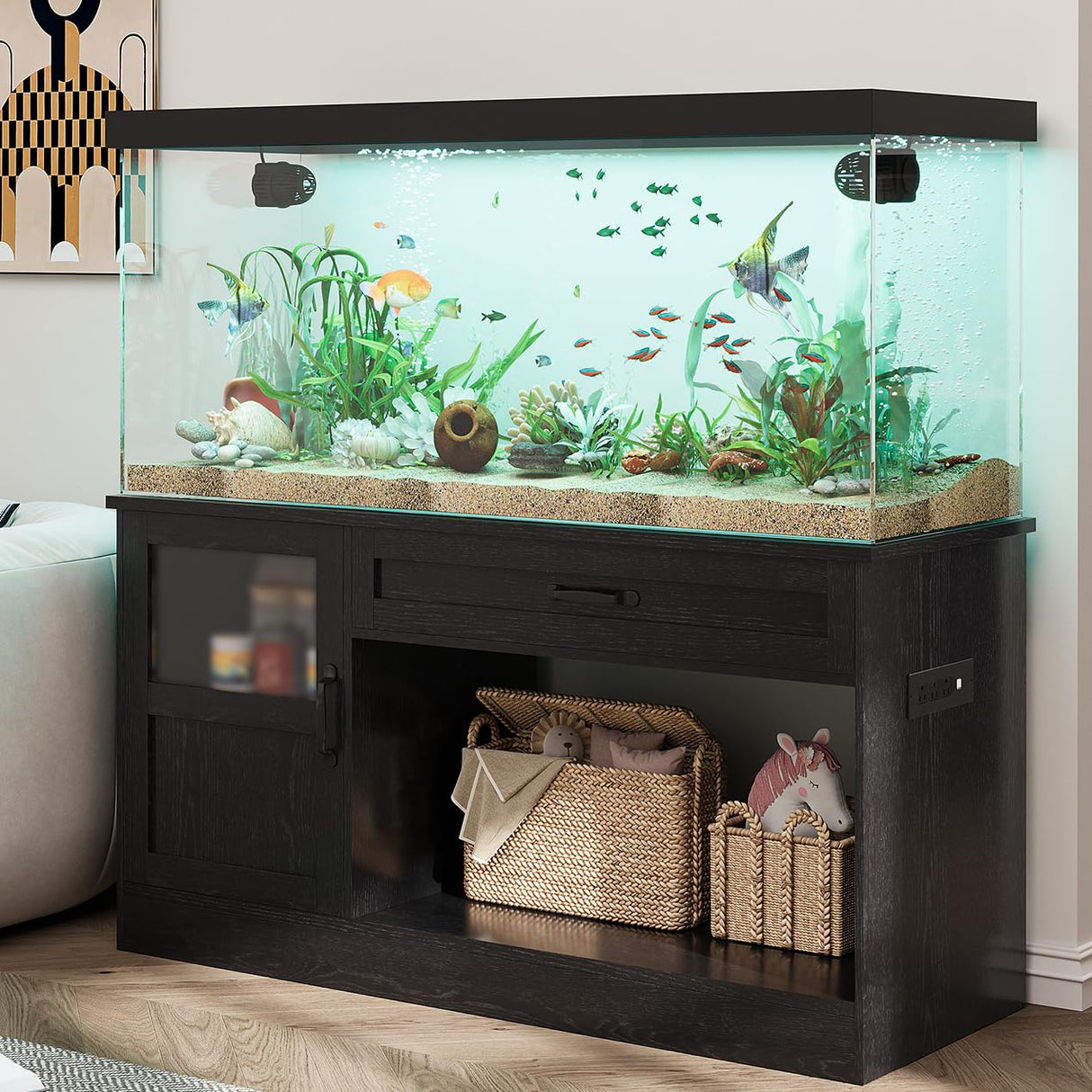 LUMIINOFAMI 55 Gallon Fish Tank Stand, Tank Stand 55-75 Gallon, Aquarium Stand 55 Gallon with Drawer, Reptile Tank Stand with Power Strip and LED Light, Terrarium Stand -1300Lbs LUMIINOFAMI