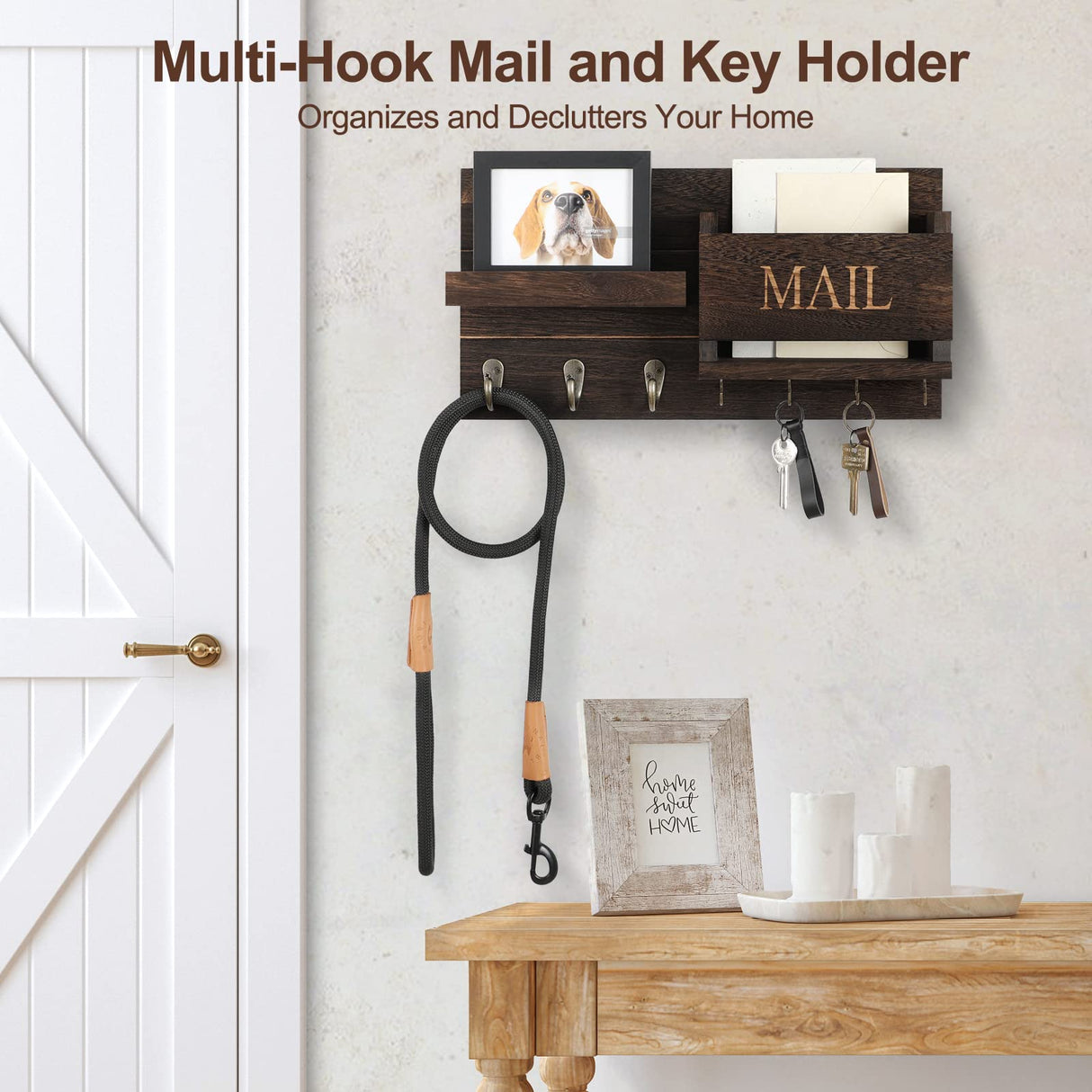 Lwenki Mail Organizer for Wall Mount – Key Holder with Shelf Includes Letter Holder and Hooks for Hallway Farmhouse Decor – Rustic Wood with Flush Mounting Hardware (16.5” x 9.1” x 3.4”) (Brown) Lwenki
