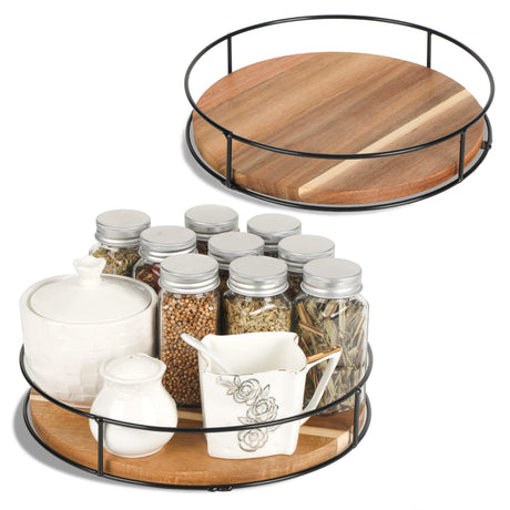 [ 2 Pack ] 9" & 10" Acacia Wood Lazy Susan Organizers with Steel Sides, Lazy Susan Turntable for Cabinet, Kitchen Turntable Storage for Table, Countertop, Pantry Tomoaza