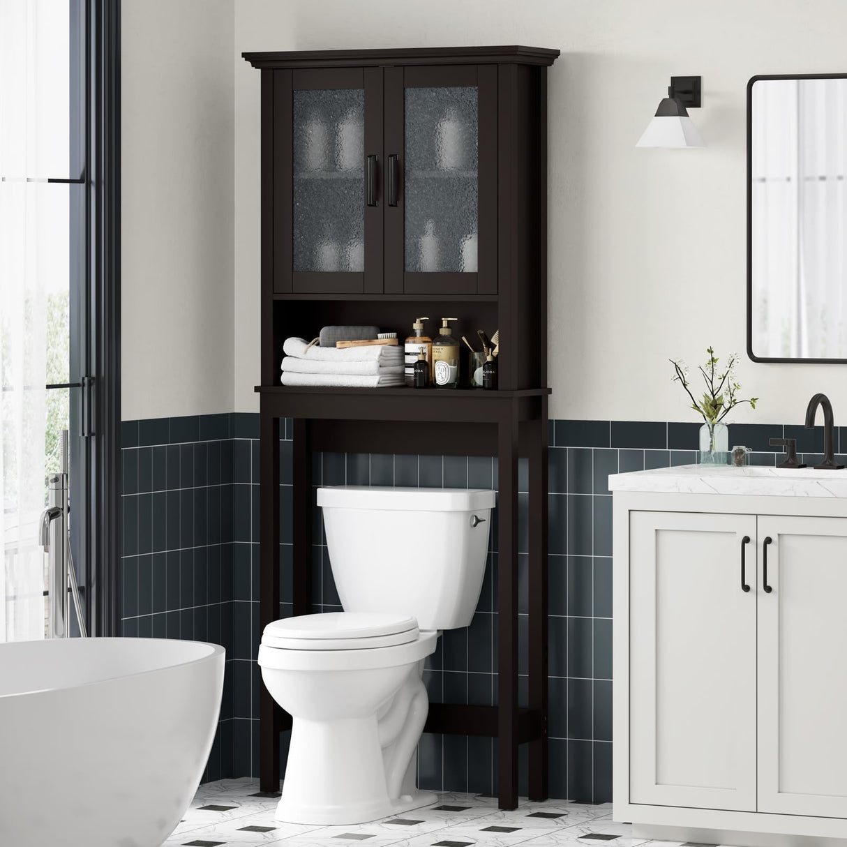 Baztin Over The Toilet Storage Cabinet, Over Toilet Bathroom Organizer with Glass Doors and Adjustable Shelf, Thicken Frame Above Toilet Storage Cabinet Behind Toilet Bathroom Organizer, Espresso Baztin