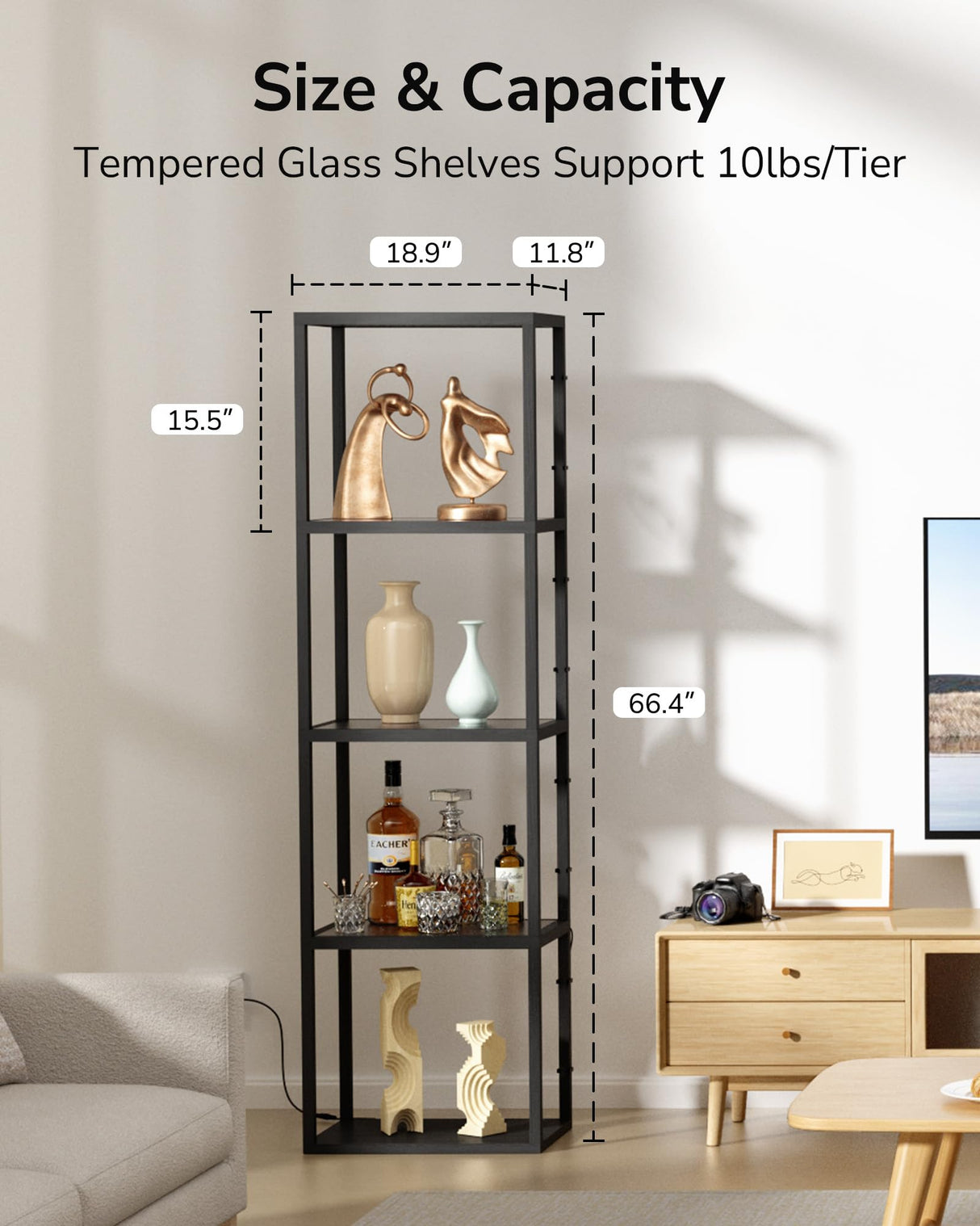 JACKYLED Display Cabinet with LED Lights 4-Tier Curio Cabinet with Customizable Warm/White Light Remote App and Button Control, Music Sync, Square Glass Shelf for Room Decor & Collection Display Case JACKYLED