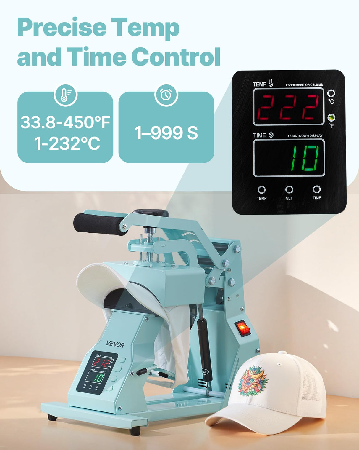 VEVOR Hat Heat Press Machine, with 2pcs Interchangeable Platens, Precise Temperature and Time Control, Hat Press for HTV Iron On and Sublimation Projects, for Caps, Headbands, Cuffs, Face Masks, Green VEVOR