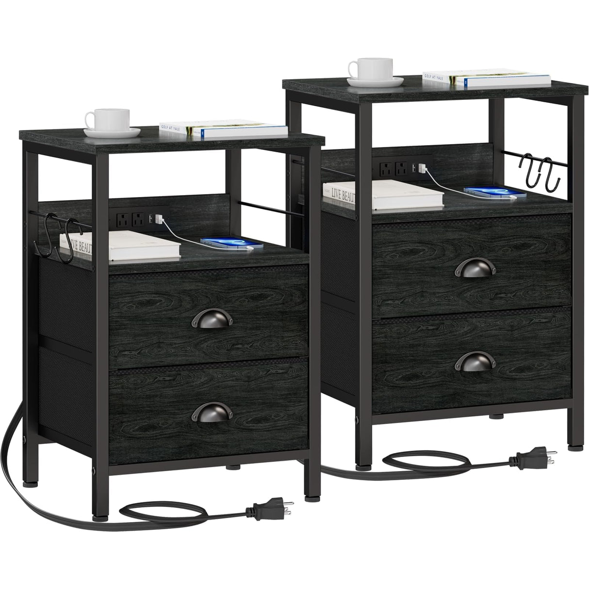 Furologee Nightstand Set of 2, Black Oak, with Charging Station and USB Ports, Side Tables with 2 Fabric Drawers, Bedside Tables with Storage Shelf & Hooks, for Living Room/Bedroom Furologee