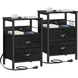 Furologee Nightstand Set of 2, Black Oak, with Charging Station and USB Ports, Side Tables with 2 Fabric Drawers, Bedside Tables with Storage Shelf & Hooks, for Living Room/Bedroom Furologee