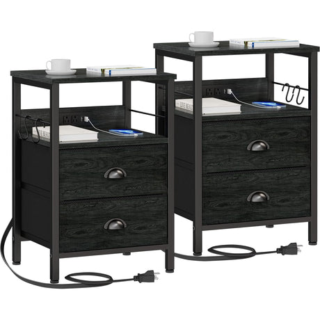 Furologee Nightstand Set of 2, Black Oak, with Charging Station and USB Ports, Side Tables with 2 Fabric Drawers, Bedside Tables with Storage Shelf & Hooks, for Living Room/Bedroom Furologee