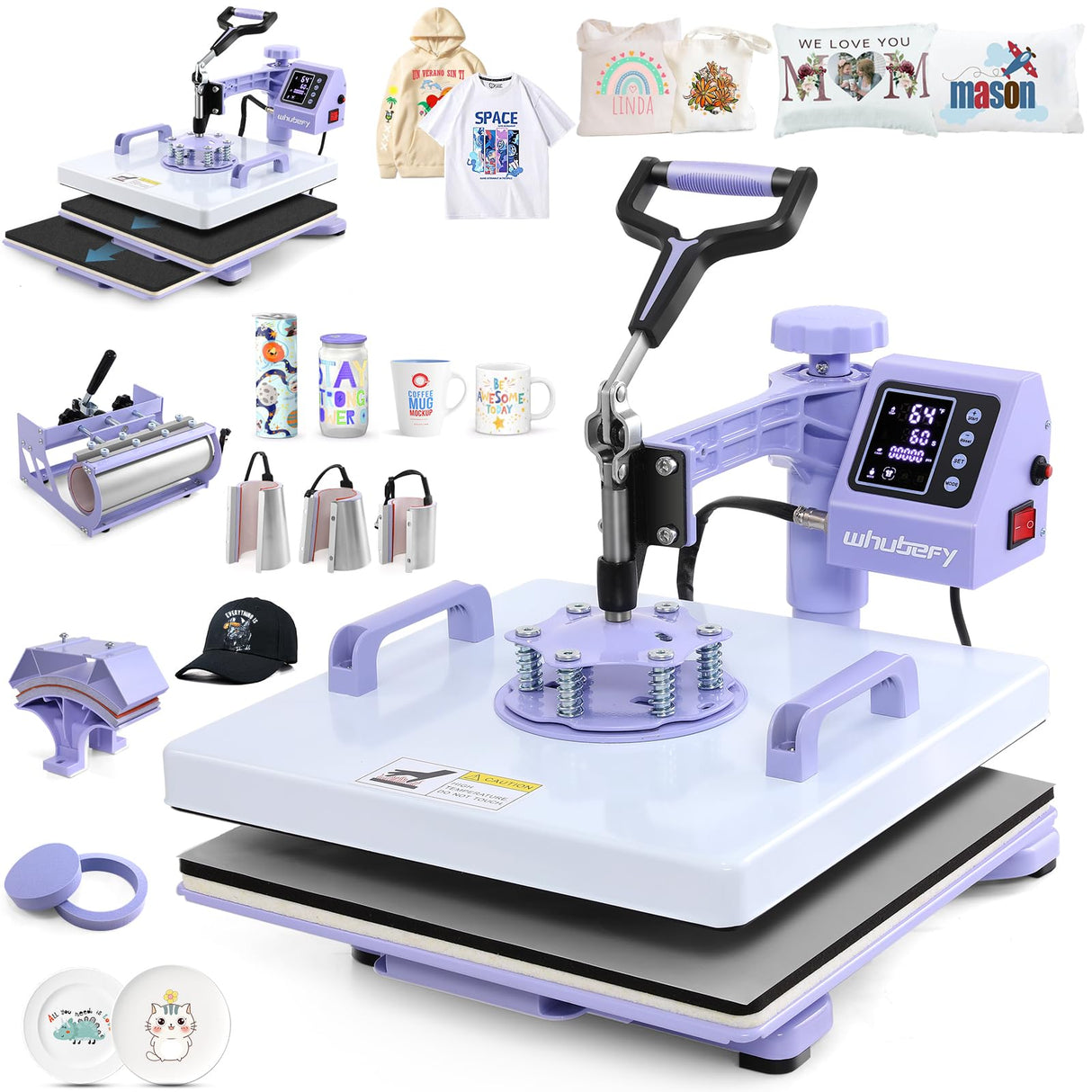 Whubefy Heat Press 15x15 inch 8 in 1 with 30OZ Tumbler Press, Slide Out 360° Swing Away Digital Shirt Press Machine, Industrial-Quality Heat Transfer Sublimation for T-Shirt/Tumbler/Mug/Hat/Cap/Plate Whubefy