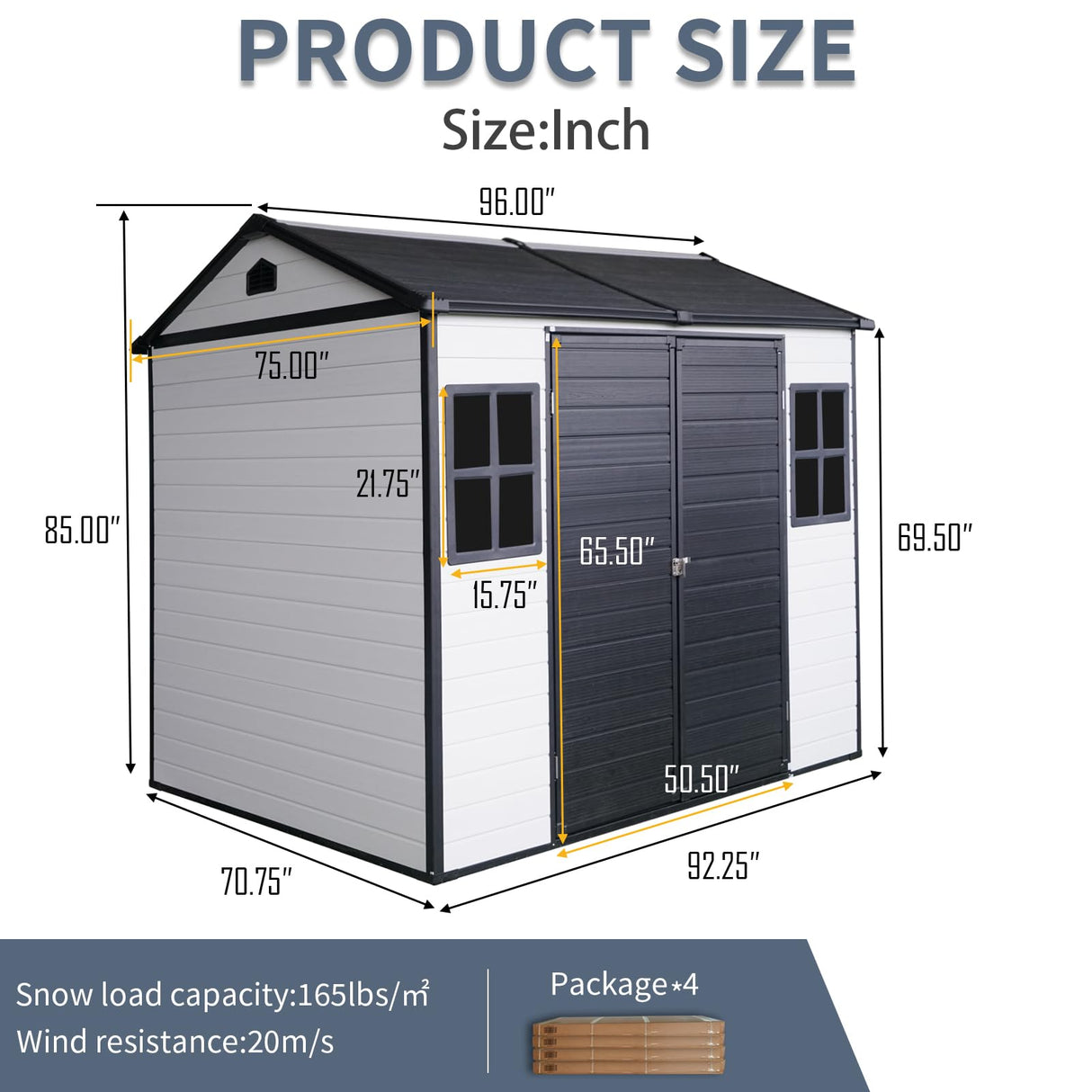 8x6 FT Outdoor Storage Shed, Resin Garden Shed with Thick Floor, Plastic Storage Shed with 2 Windows, Waterproof Outside Tool Shed with Lockable Hinged Doors for Backyard, Patio, Lawn, Black+White BNSPLY