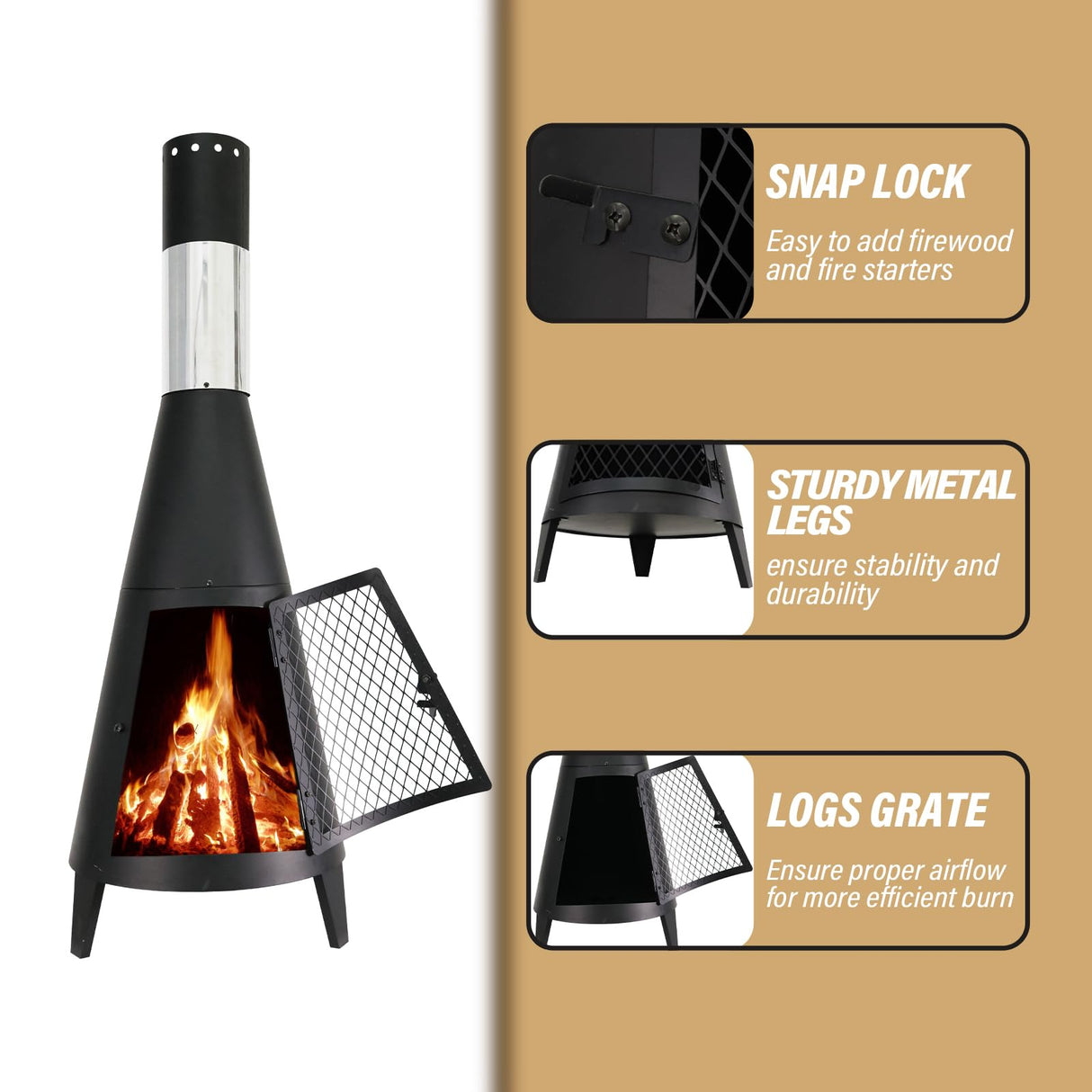 BDL Chiminea Outdoor Fireplace Outdoor Wood Burning Fire Pit Free Standing Fireplace with Log Grate, Mesh Screen for Patio, Backyard, Garden-Black BDL