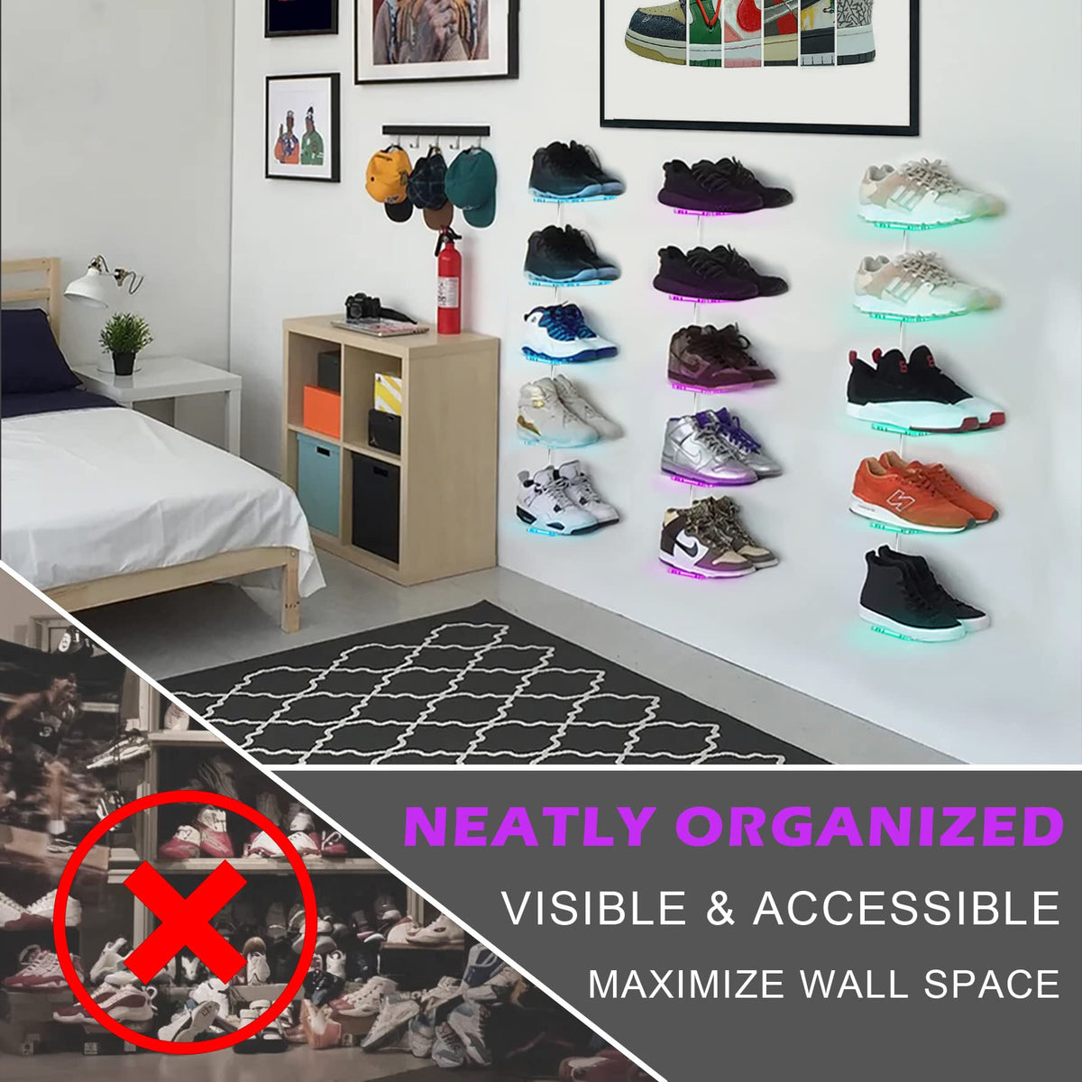 Forzacx Floating Shoe Display Shelf with Lights Set of 5, Glow Color Changing Sneaker Shelf- Display Your Top Shoes, Sturdy Levitating Shoe Wall Shelf Easy to Install, for Bedroom, playroom etc Forzacx