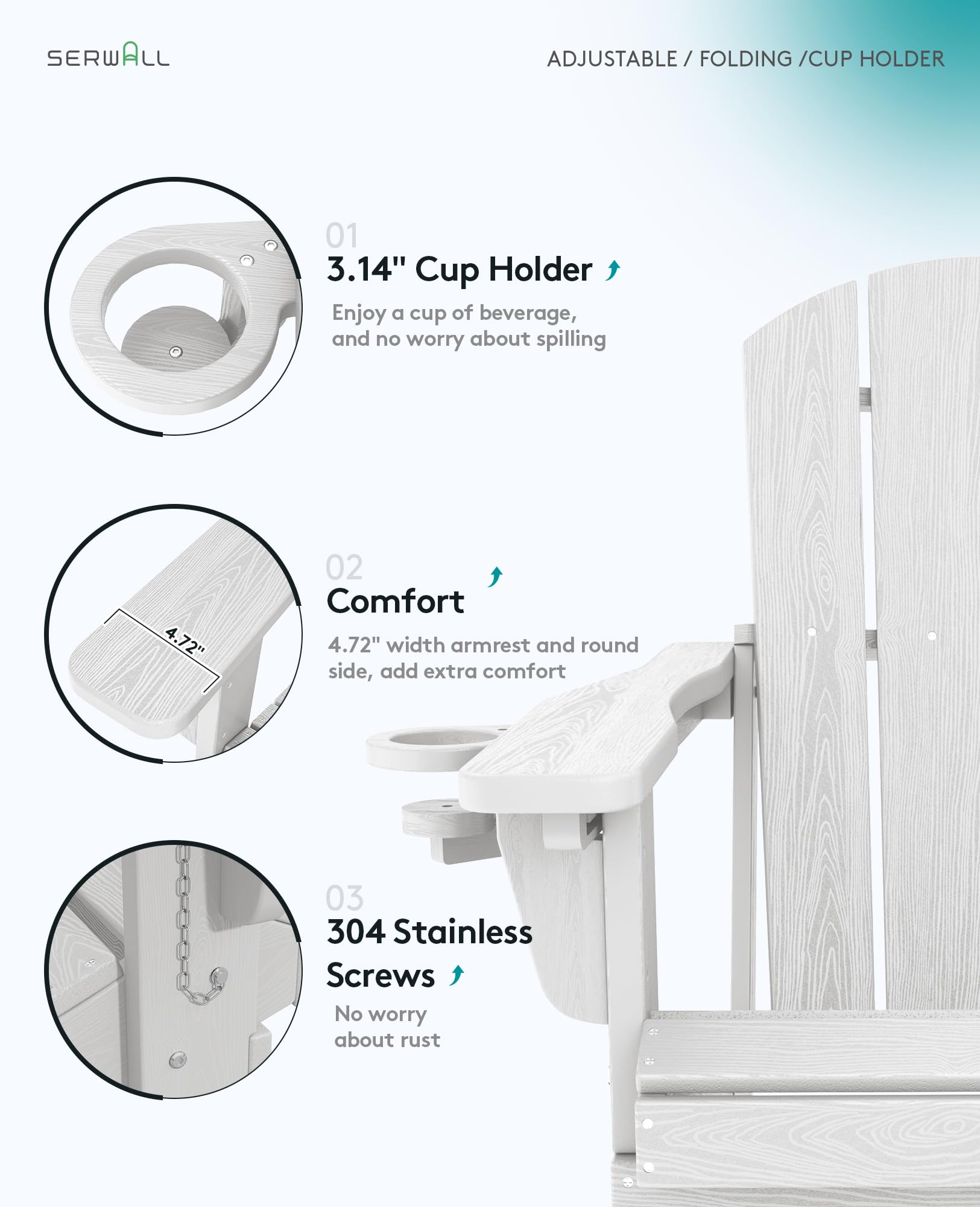 SERWALL Folding Adirondack Chair, Reclining Adirondack chair with Cup Holder, Adjustable Adirondack Chair with 3 Recline Positions, All Weather HDPE Outdoor Adirondack, White - WoodArtSupply