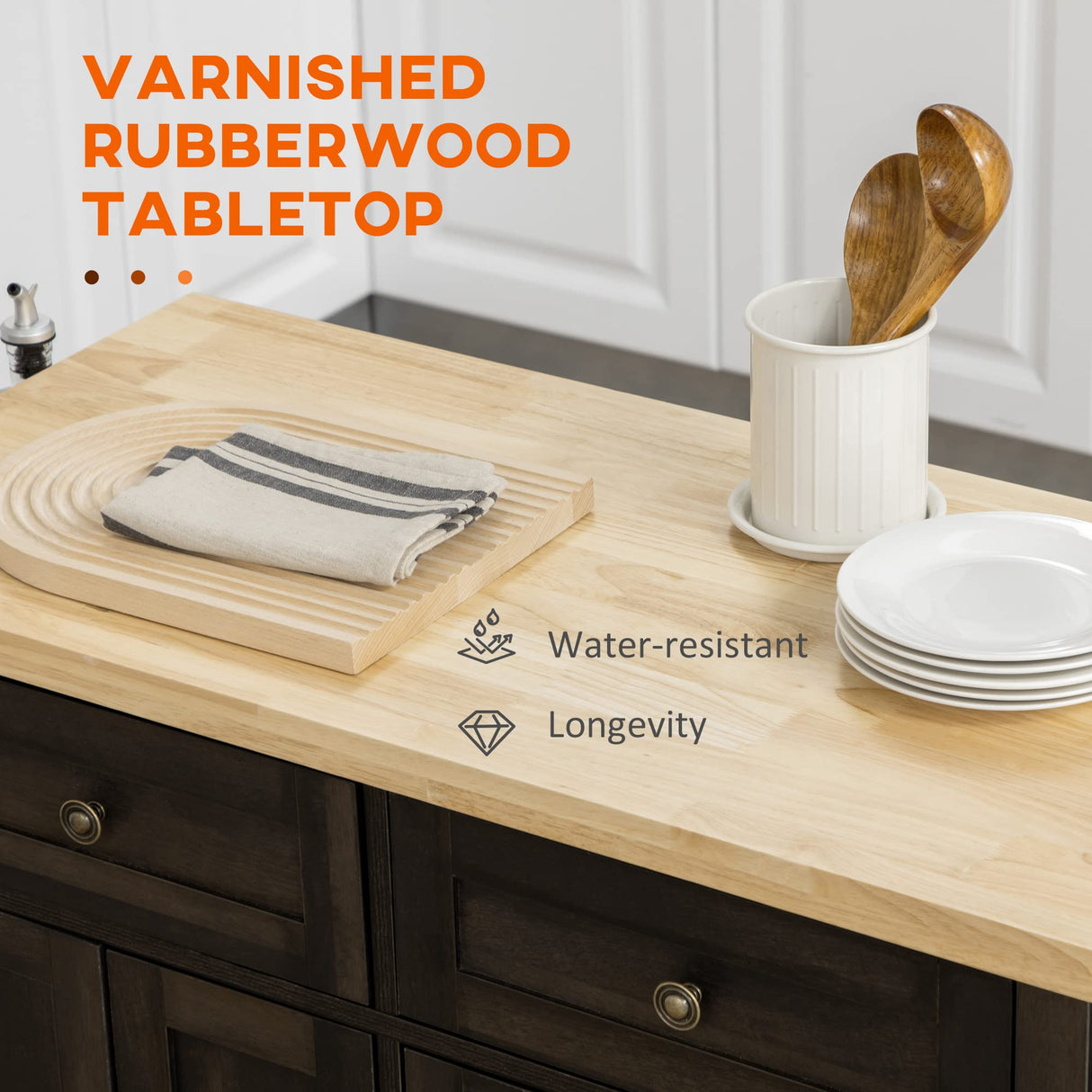 HOMCOM Kitchen Island on Wheels, Rolling Cart with Rubberwood Top, Spice Rack, Towel Rack and Drawers for Dining Room, Brown Oak HOMCOM