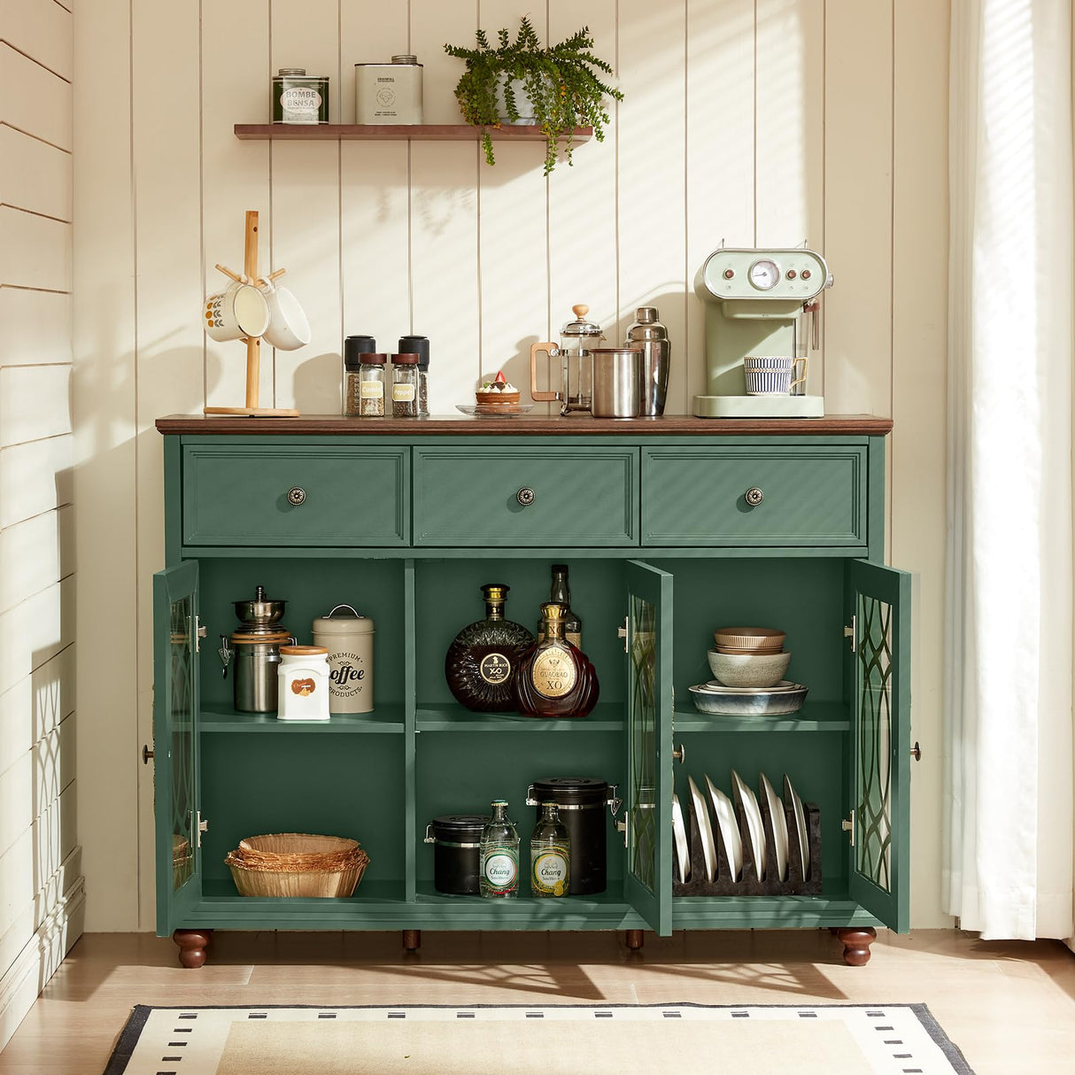 Joaxswe Farmhouse Sideboard Buffet Cabinet with Storage,48" Large Credenza with 3 Glass Doors & 3 Drawers,Adjustable Shelves Console Table,Wood Kitchen Coffee Bar for Dining Room,Living Room,Green Joaxswe