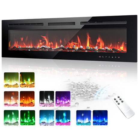 EUHOMY 50 Inch Electric Fireplace Wall Recessed and Wall Mounted with Adjustable Flame Color, Fireplace Heater with Remote Control, Linear Fireplace with Timer, Touch Screen, Log & Crystal, 750/1500W EUHOMY