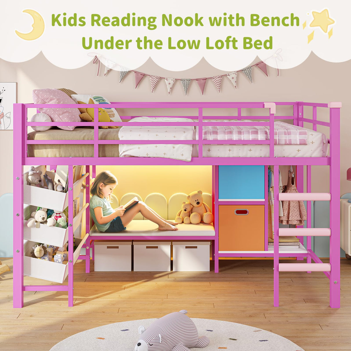 DICTAC Low Twin Size Loft Bed with Reading Corner and Bookshelf,Metal Twin Loft Bed with LED Lights,3 Sling Drawers&2 Movable Storage Bins,loft bed for Kids with 13.98"H Safety Guardrail & Stairs,Pink DICTAC