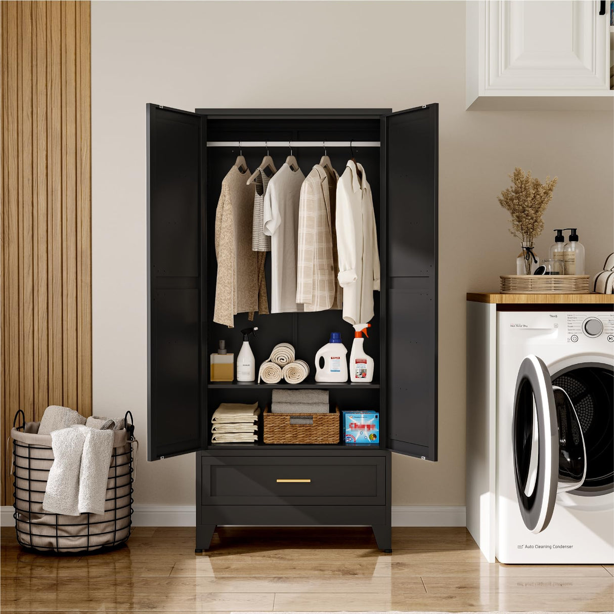 XIOMIOHTRQ Metal Wardrobe Cabinet, 71" Tall Armoire Wardrobe Closet with Drawer, Farmhouse Clothing Storage Cabinet for Bedroom, Laundry (Black, 1 Drawer) XIOMIOHTRQ