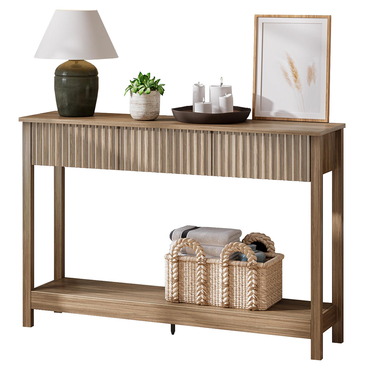 Treocho 47" Console Table with Drawers, Fluted Narrow Entryway Table with Open Shelf, Farmhouse Sofa Table Behind Couch for Hallway, Living Room, Brown Walnut Treocho