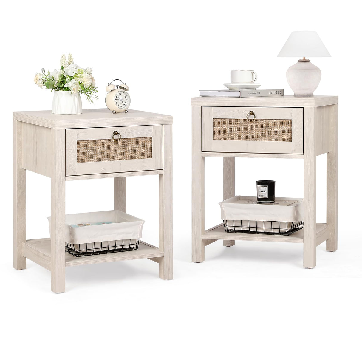 VOWNER White Rattan Nightstand Set of 2, Wood Night Stand with Vintage Metal Pull Handle, 2 PCS Bedside Table Boho End Tables with Storage, Side Tables Shelf for Bedroom, Small Space VOWNER