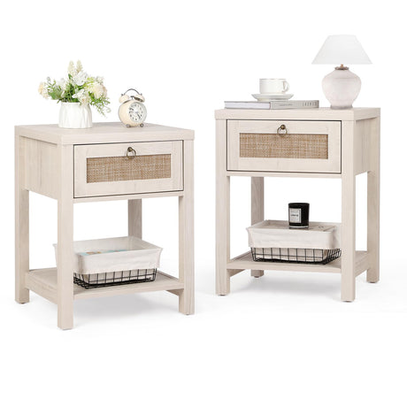 VOWNER White Rattan Nightstand Set of 2, Wood Night Stand with Vintage Metal Pull Handle, 2 PCS Bedside Table Boho End Tables with Storage, Side Tables Shelf for Bedroom, Small Space VOWNER