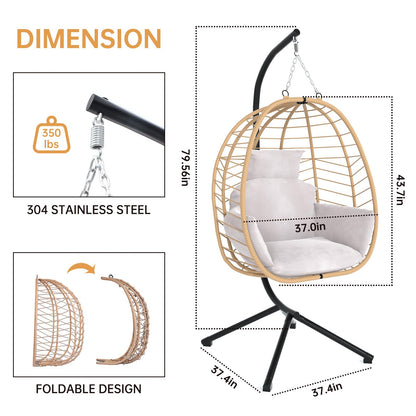 VARVIND Hanging Egg Chair with Stand Patio Hammock Swing Chair, Basket Wicker Rattan Adjustable Height UV Resistant Indoor Outdoor Use 350Lbs Beige Grey - WoodArtSupply