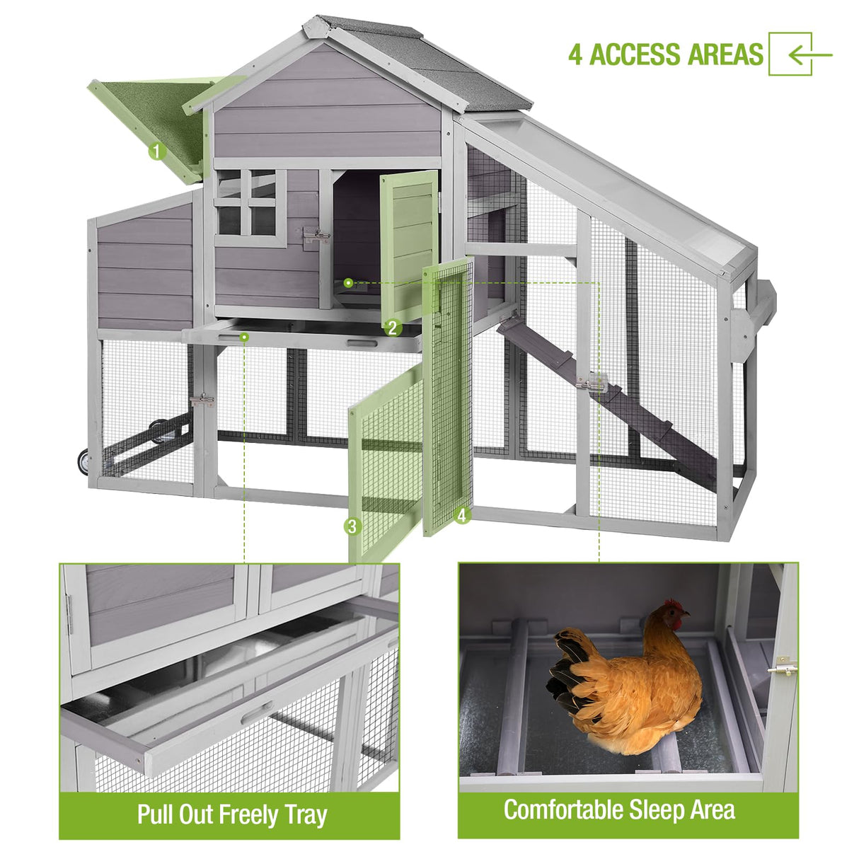 Chicken Coop Outdoor Wooden Hen House 65" with Large Nesting Box, Poultry Cage with Removable Tray,UV Proof Roof GUTINNEEN