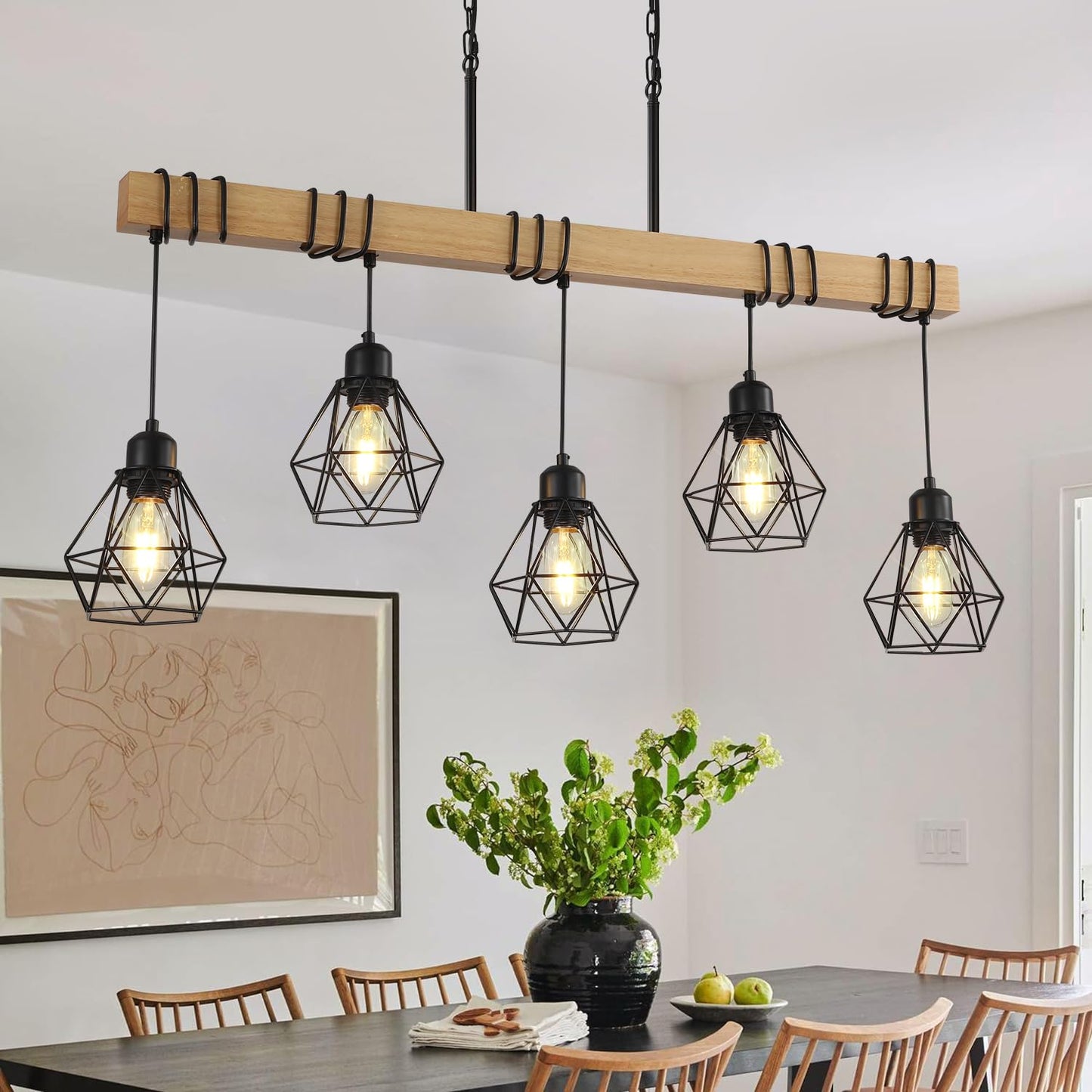 5-Light Kitchen Island Lighting,Modern Chandelier Over Table, Dining Room Light Fixture Hanging for Modern Farmhouse Linear Chandeliers Black Rustic Wood Ceiling Pendant Light Fixtures - WoodArtSupply