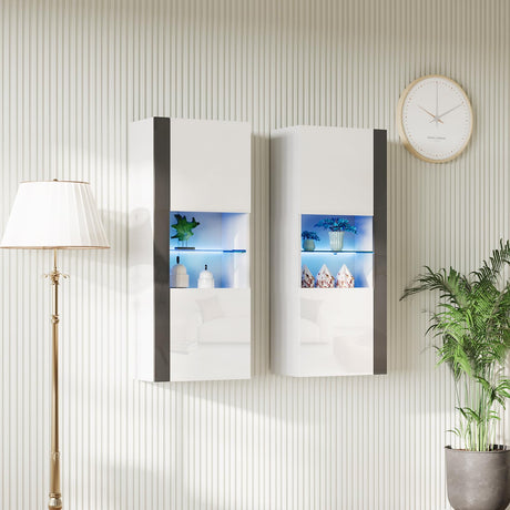 AMERLIFE Wall Storage Cabinets with LED Lights, Modern High Gloss Hanging Cabinets with 4 Closed Doors & Open Glass Shelves, for Living Room/Bedroom/Office, White(Set of 2) AMERLIFE