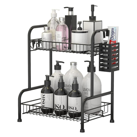 Bathroom Countertop Organizer With Toiletries Basket, 2 Tier Bathroom Counter Storage Rack with Adjustable Feetpad, No-Screw Caddy Stand for Vanity, Sturdy Metal Wire Black, Medium 12.8''L x 7.2''W USHARP